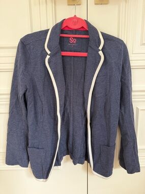 Blue Knit Blazer with White Trim